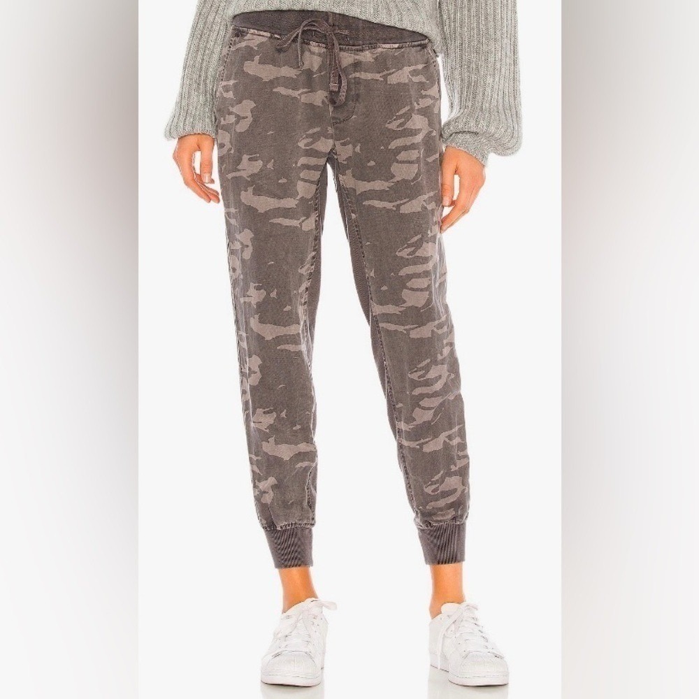 Monrow Camo Linen Blend Joggers Contrast Rib Vintage Black L Casual